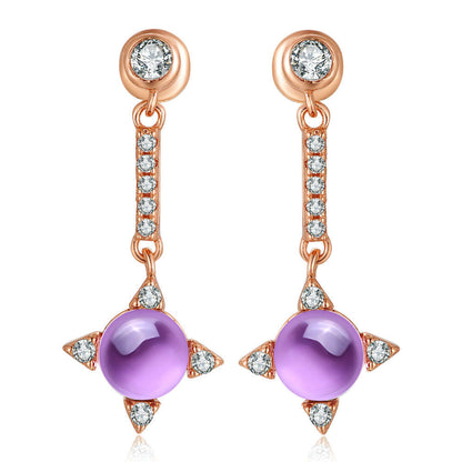 Flower Oval Genuine Amethyst CZ 925 Silver Rose Gold Earrings