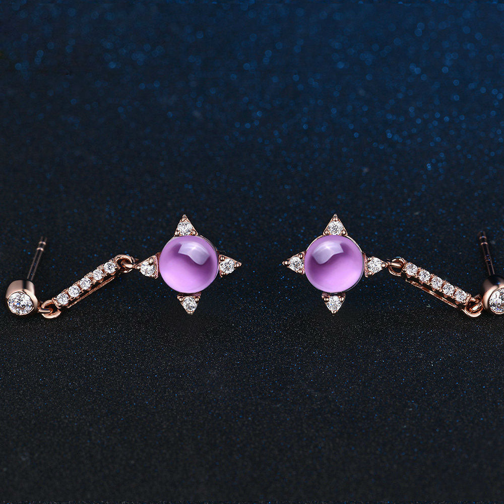 Flower Oval Genuine Amethyst CZ 925 Silver Rose Gold Earrings