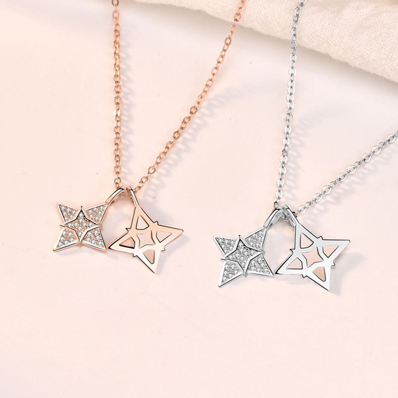 Modern CZ Quadrangular Star Hollow 925 Sterling Silver Necklace