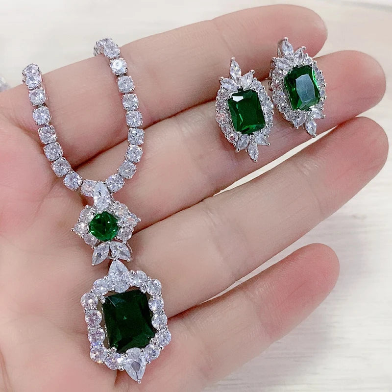 Luxury Emerald Necklace and Earring Set Shinny Cubic Zirconia Jewelry Set