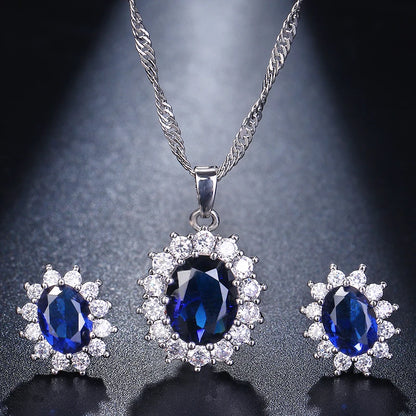 LXOEN Classic Oval Blue Crystal Necklace and Earring Set