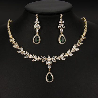 Luxury Emerald Necklace and Earring Set Shinny Cubic Zirconia Jewelry Set