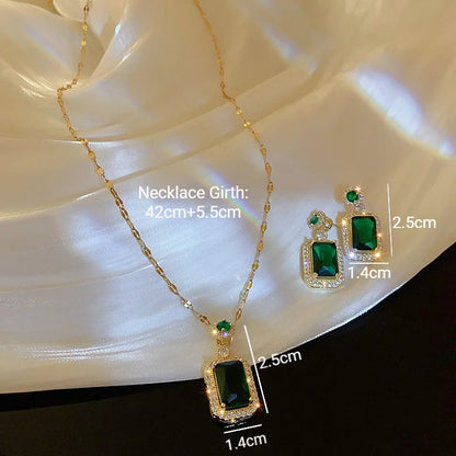 Luxury Emerald Necklace and Earring Set Shinny Cubic Zirconia Jewelry Set