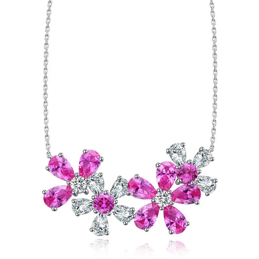 Pink Flower Pattern Necklace 925 Sterling Silver Lab Grown Pink Sapphire Gemstones