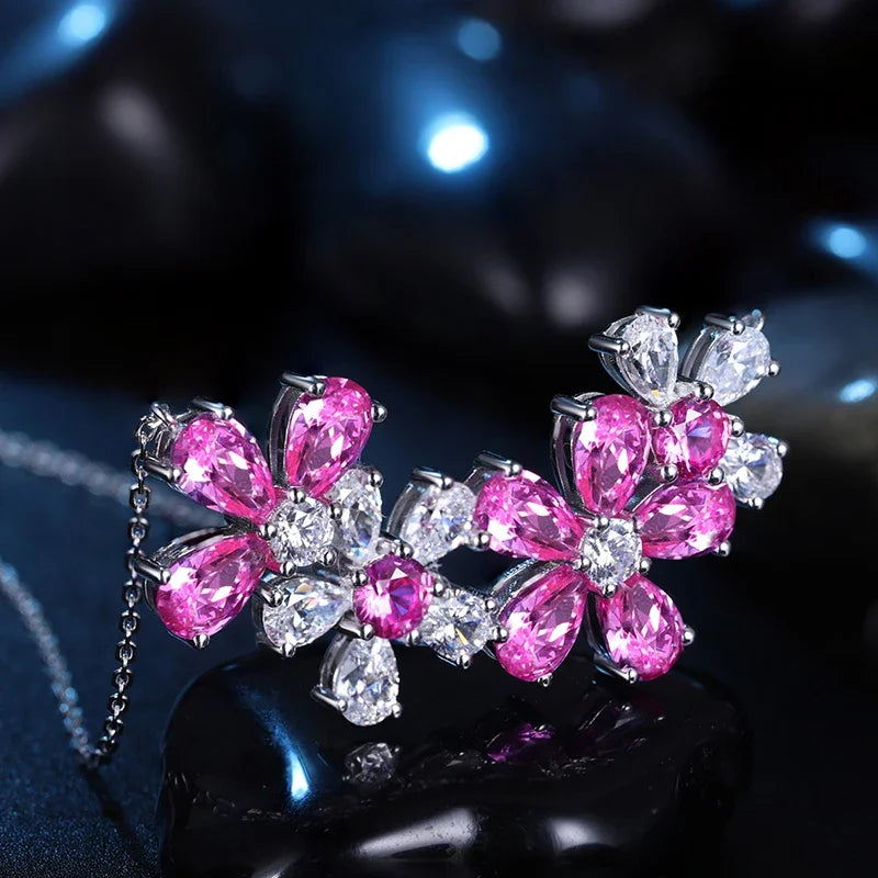 Pink Flower Pattern Necklace 925 Sterling Silver