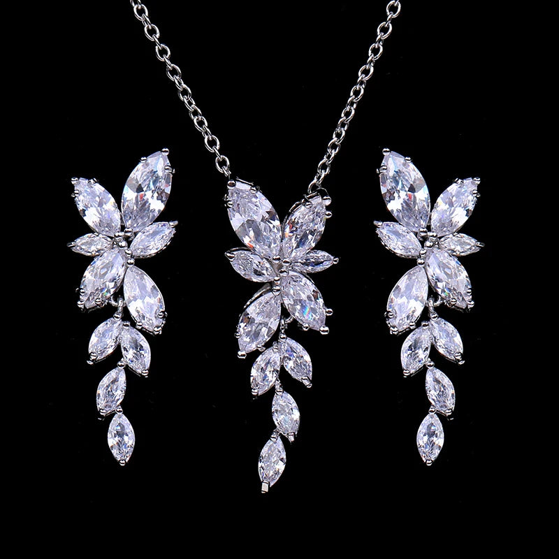 Luxury Cubic Zirconia Flower Crystal Bridal Necklace Water Drop Pendant Earrings Jewelry Set