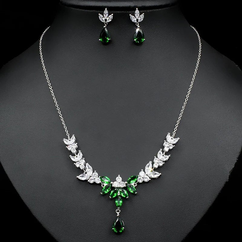 Luxury Emerald Green Necklace and Earring Set Shininy Cubic Zirconia Jewelry Set