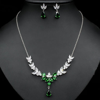 Luxury Emerald Necklace and Earring Set Shinny Cubic Zirconia Jewelry Set