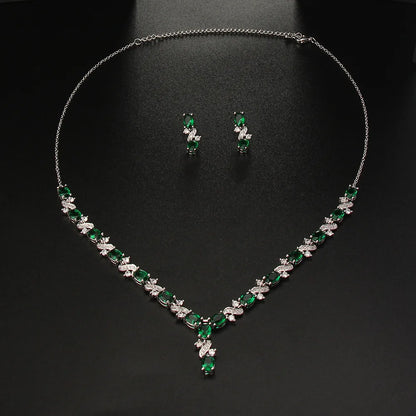 Luxury Emerald Green Necklace and Earring Set Shininy Cubic Zirconia Jewelry Set