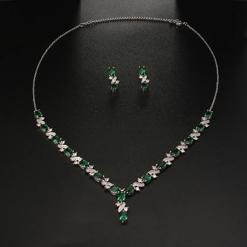 Luxury Emerald Necklace and Earring Set Shinny Cubic Zirconia Jewelry Set