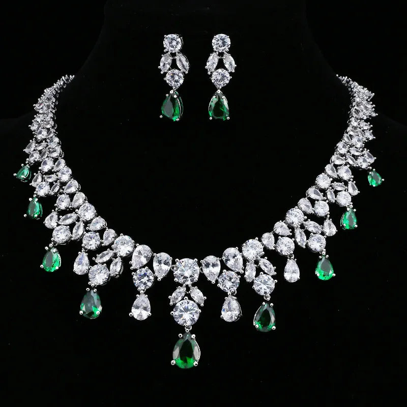 Luxury Emerald Green Necklace and Earring Set Shininy Cubic Zirconia Jewelry Set