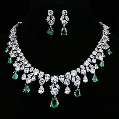 Luxury Emerald Necklace and Earring Set Shinny Cubic Zirconia Jewelry Set