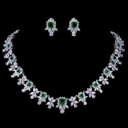 Luxury Emerald Necklace and Earring Set Shinny Cubic Zirconia Jewelry Set