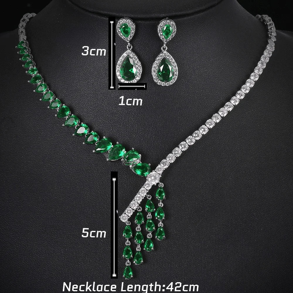 Luxury Emerald Necklace and Earring Set Shinny Cubic Zirconia Jewelry Set