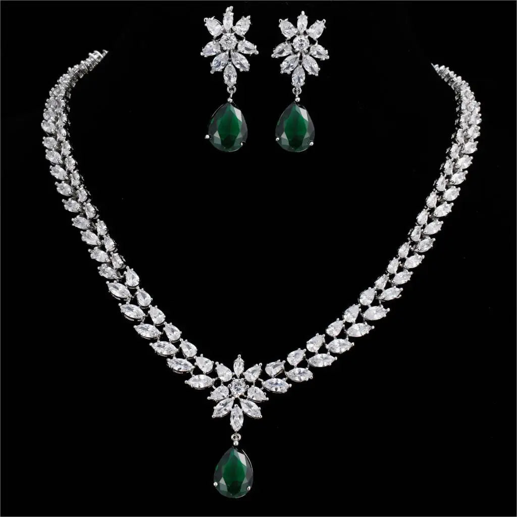 Luxury Emerald Green Necklace and Earring Set Shininy Cubic Zirconia Jewelry Set