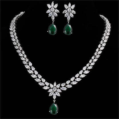 Luxury Emerald Necklace and Earring Set Shinny Cubic Zirconia Jewelry Set