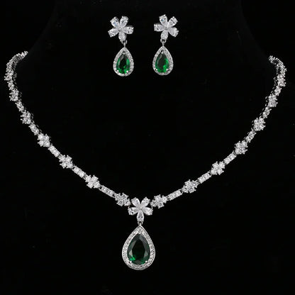 Luxury Emerald Green Necklace and Earring Set Shininy Cubic Zirconia Jewelry Set