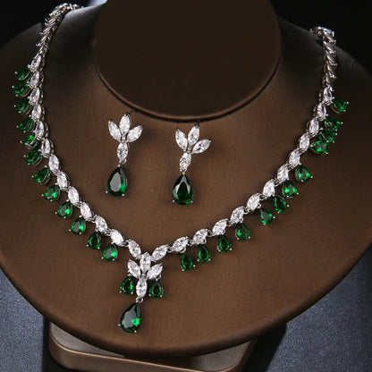 Luxury Emerald Necklace and Earring Set Shinny Cubic Zirconia Jewelry Set