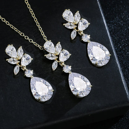 Luxury Cubic Zirconia Flower Crystal Bridal Necklace Water Drop Pendant Earrings Jewelry Set