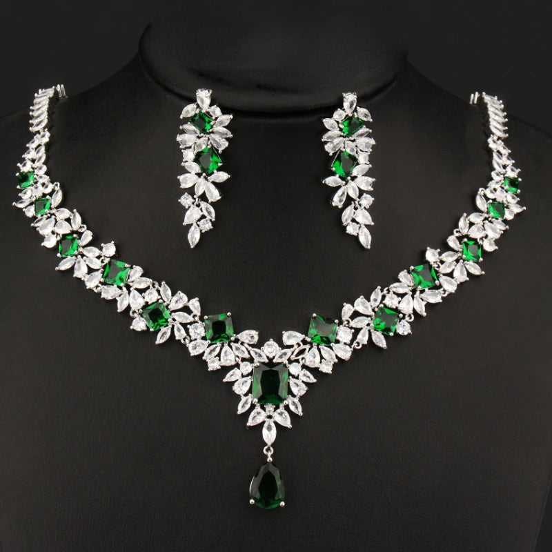 Luxury Emerald Necklace and Earring Set Shinny Cubic Zirconia Jewelry Set