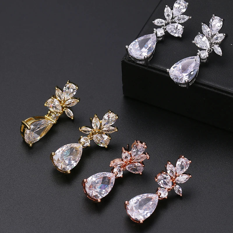 Luxury Cubic Zirconia Flower Crystal Bridal Necklace Water Drop Pendant Earrings Jewelry Set