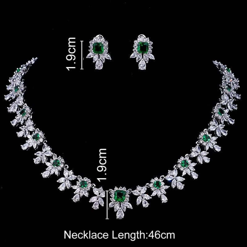 Luxury Emerald Necklace and Earring Set Shinny Cubic Zirconia Jewelry Set