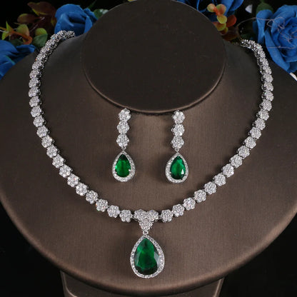 Luxury Emerald Necklace and Earring Set Shinny Cubic Zirconia Jewelry Set