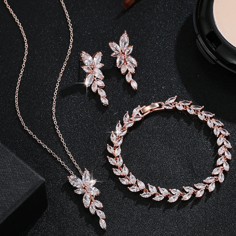 Classic Luxury Gold Color Bling Leaf Cubic Zirconia Jewelry Sets