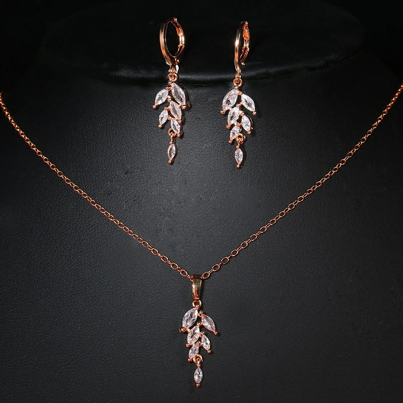 Leaves Jewelry Set for Women Zirconia Dangle Drop Earring and Necklace