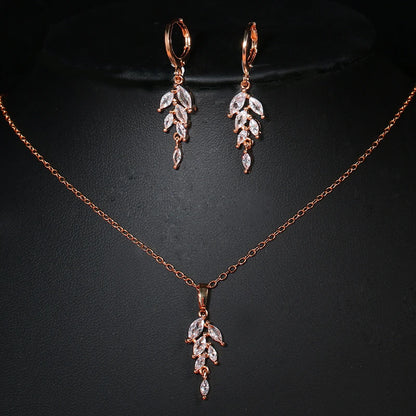 Leaves Jewelry Set for Women Zirconia Dangle Drop Earring and Necklace