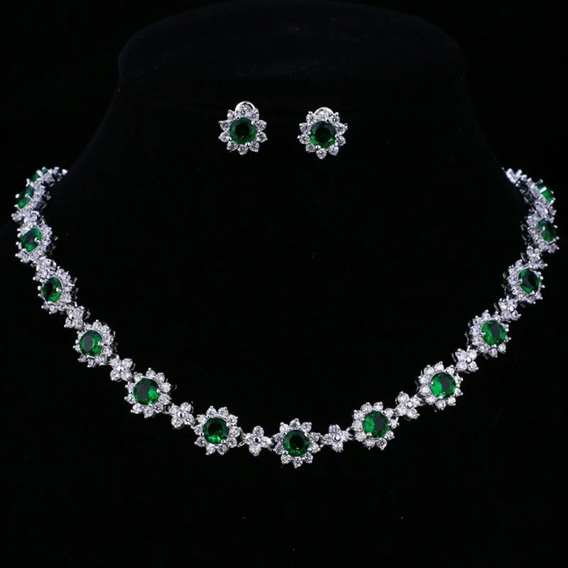 Luxury Emerald Green Necklace and Earring Set Shininy Cubic Zirconia Jewelry Set