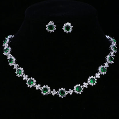 Luxury Emerald Necklace and Earring Set Shinny Cubic Zirconia Jewelry Set