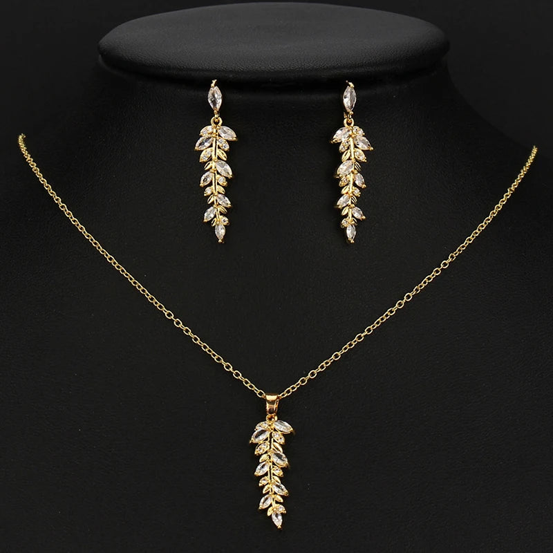 Leaves Jewelry Set for Women Zirconia Dangle Drop Earring and Necklace