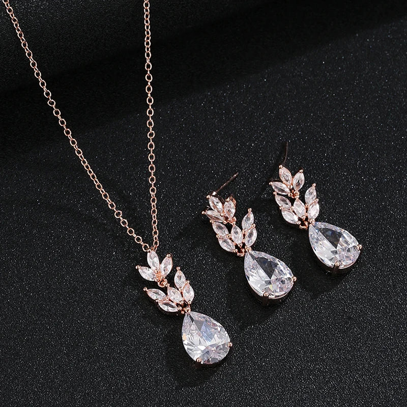 Luxury Cubic Zirconia Flower Crystal Bridal Necklace Water Drop Pendant Earrings Jewelry Set