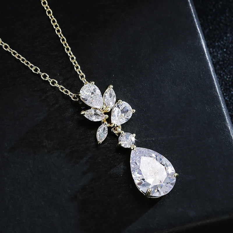 Luxury Cubic Zirconia Flower Crystal Bridal Necklace Water Drop Pendant Earrings Jewelry Set