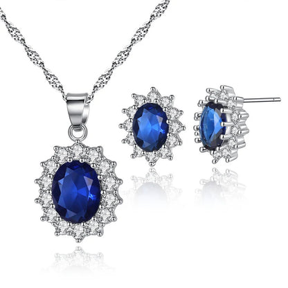 LXOEN Classic Oval Blue Crystal Necklace and Earring Set