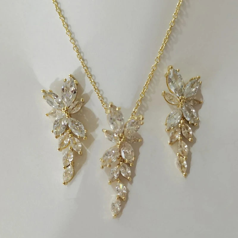 Classic Luxury Gold Color Bling Leaf Cubic Zirconia Jewelry Sets