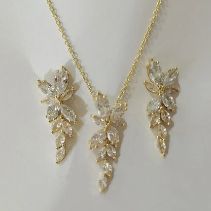 Classic Luxury Gold Color Bling Leaf Cubic Zirconia Jewelry Sets