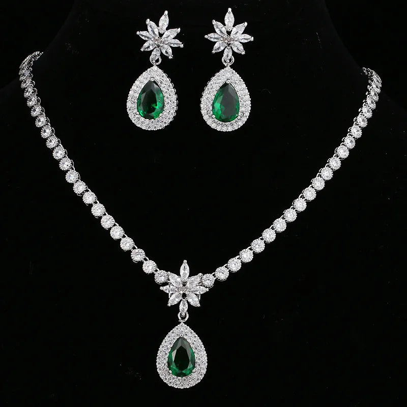 Luxury Emerald Necklace and Earring Set Shinny Cubic Zirconia Jewelry Set