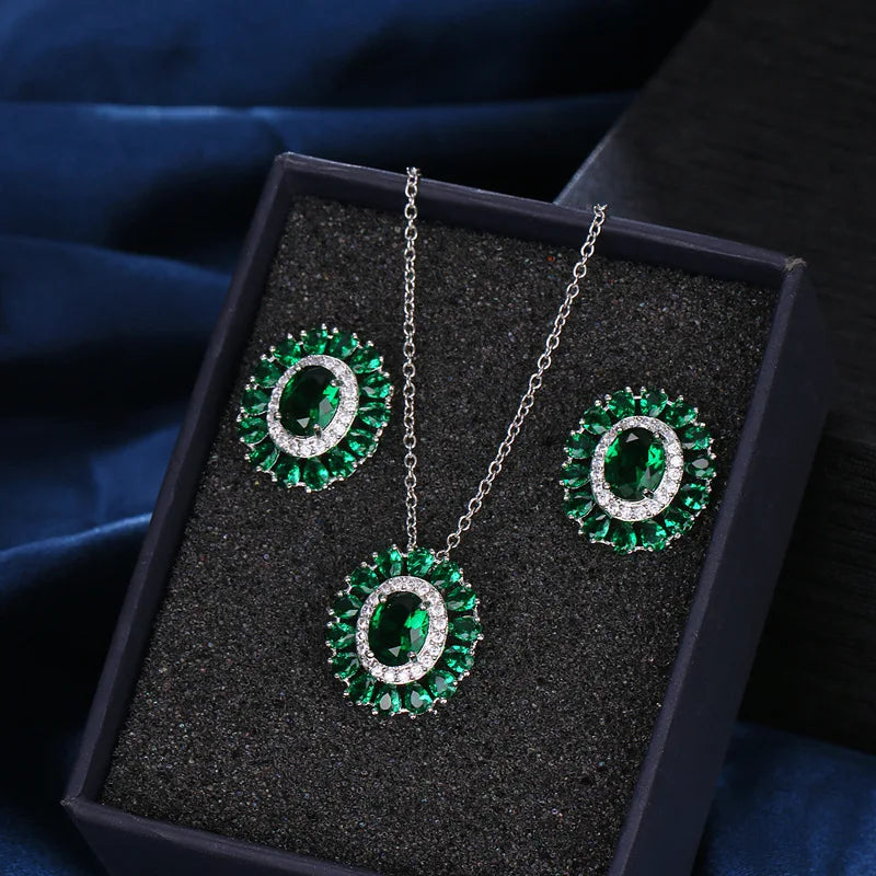 Luxury Emerald Necklace and Earring Set Shinny Cubic Zirconia Jewelry Set