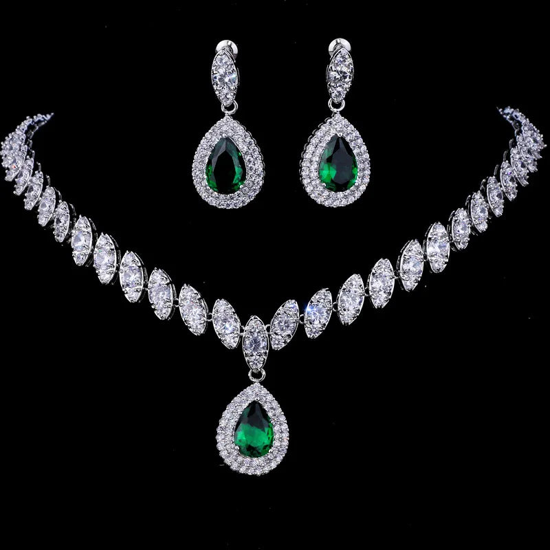 Luxury Emerald Green Necklace and Earring Set Shininy Cubic Zirconia Jewelry Set