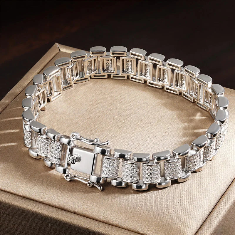 Moissanite Cuban Watch Bracelet Full Diamond GRA Solid 925 Silver