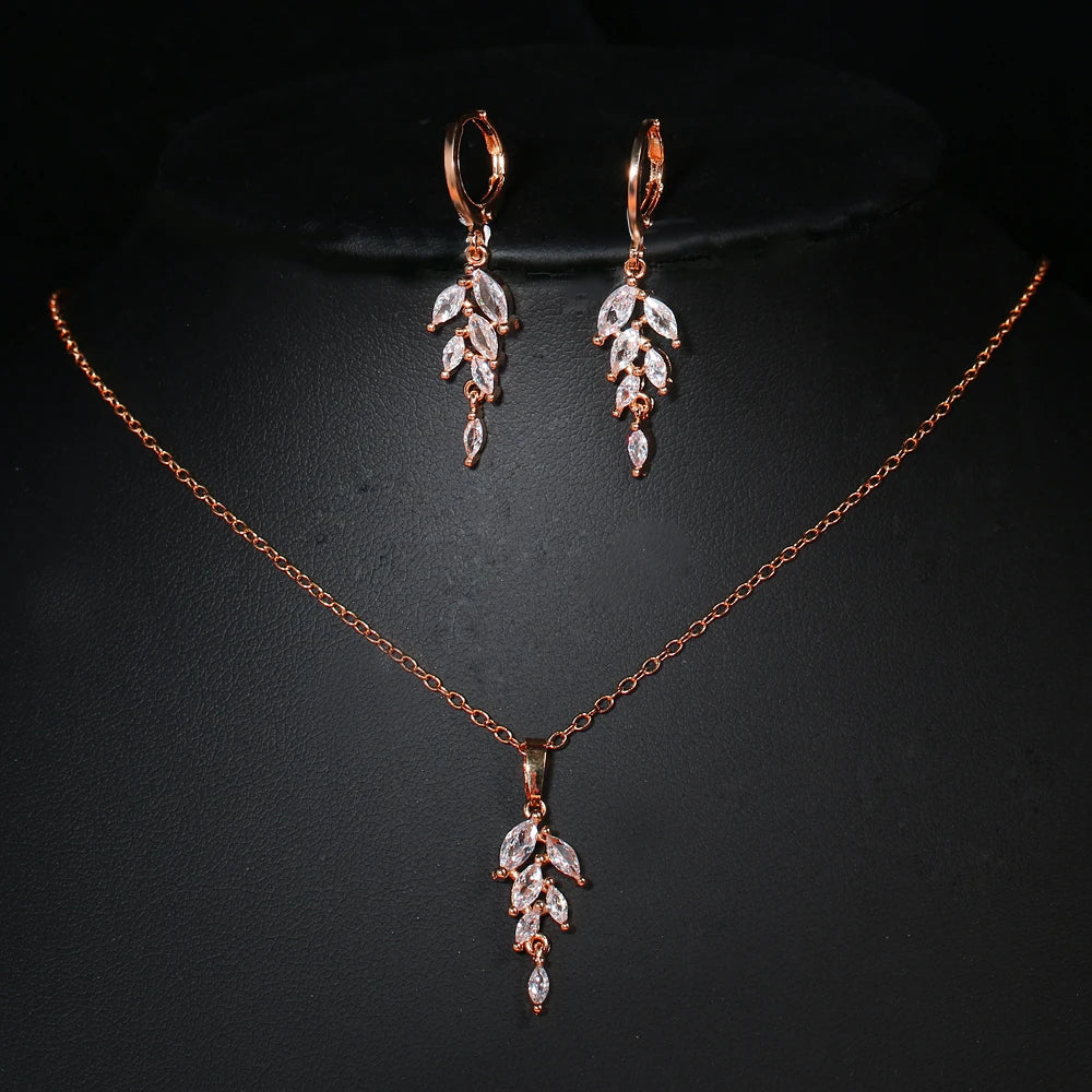 Zirconia Leaf Hook Earrings Necklace Set for Women