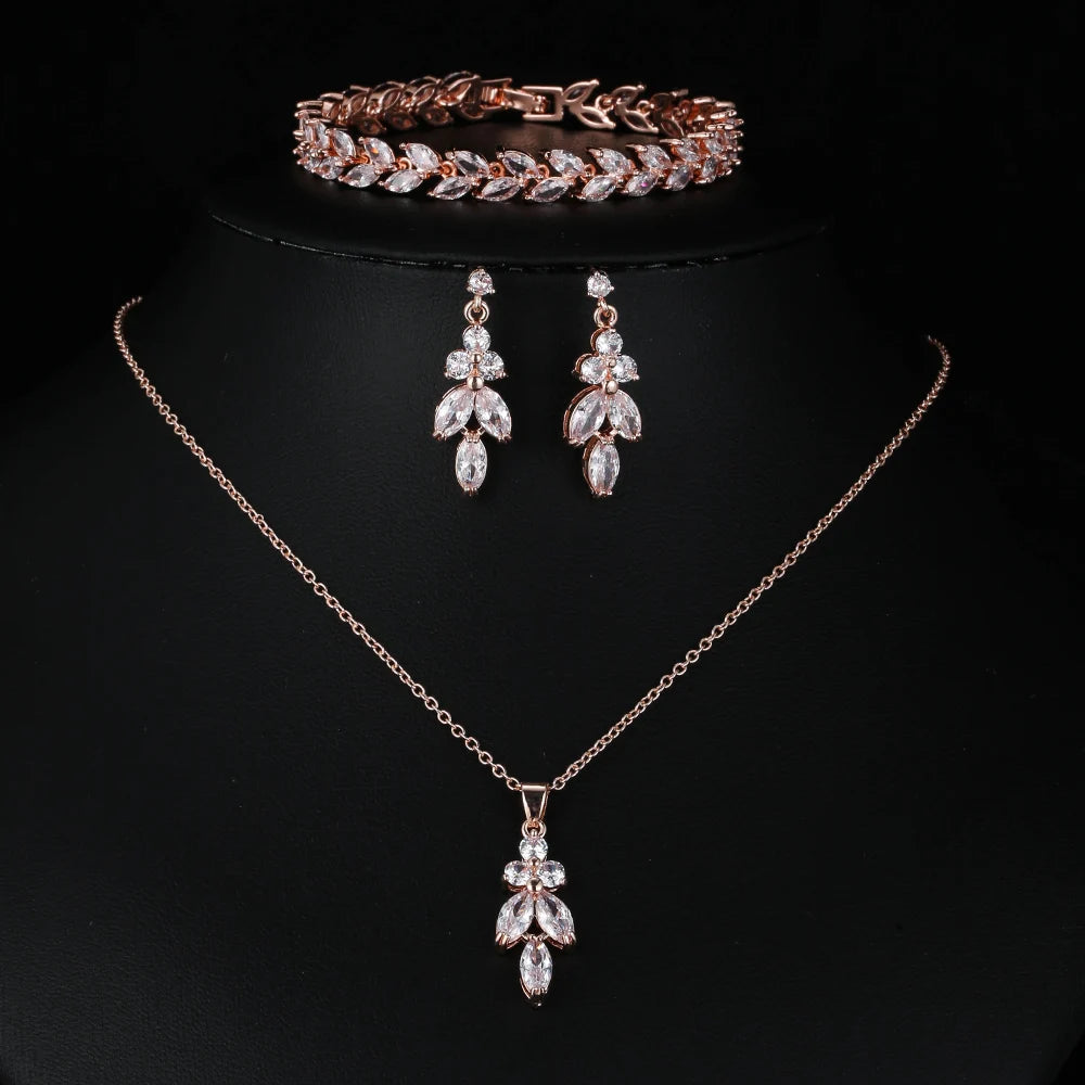 Classic Luxury Gold Color Bling Leaf Cubic Zirconia Jewelry Sets