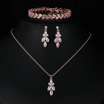 Classic Luxury Gold Color Bling Leaf Cubic Zirconia Jewelry Sets