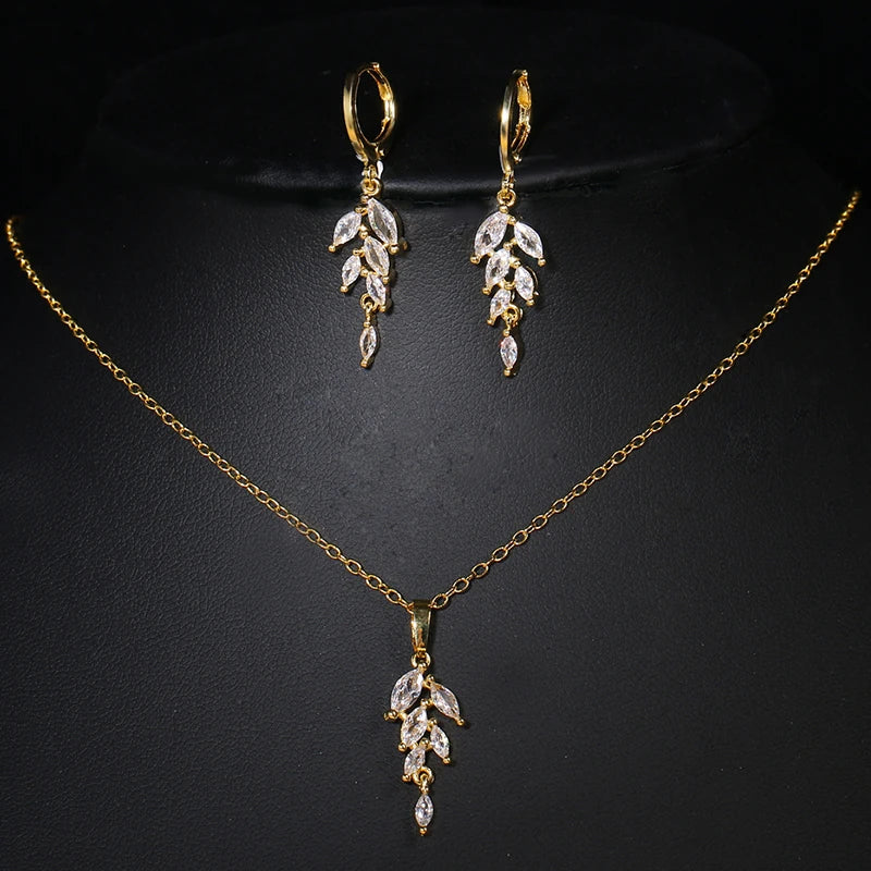 Leaves Jewelry Set for Women Zirconia Dangle Drop Earring and Necklace