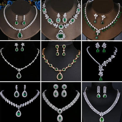 Luxury Emerald Necklace and Earring Set Shinny Cubic Zirconia Jewelry Set