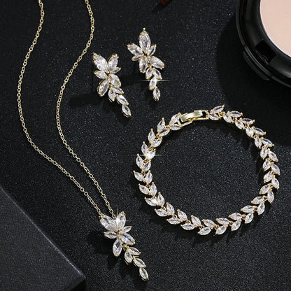 Classic Luxury Gold Color Bling Leaf Cubic Zirconia Jewelry Sets