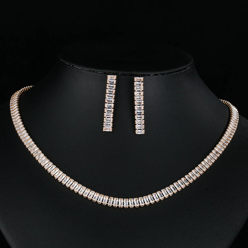 Gorgeous Cubic Zirconia White Gold Color Square  Jewelry Set for Brides