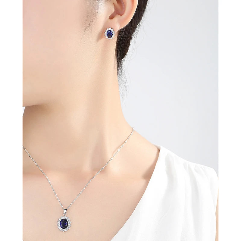 LXOEN Classic Oval Blue Crystal Necklace and Earring Set